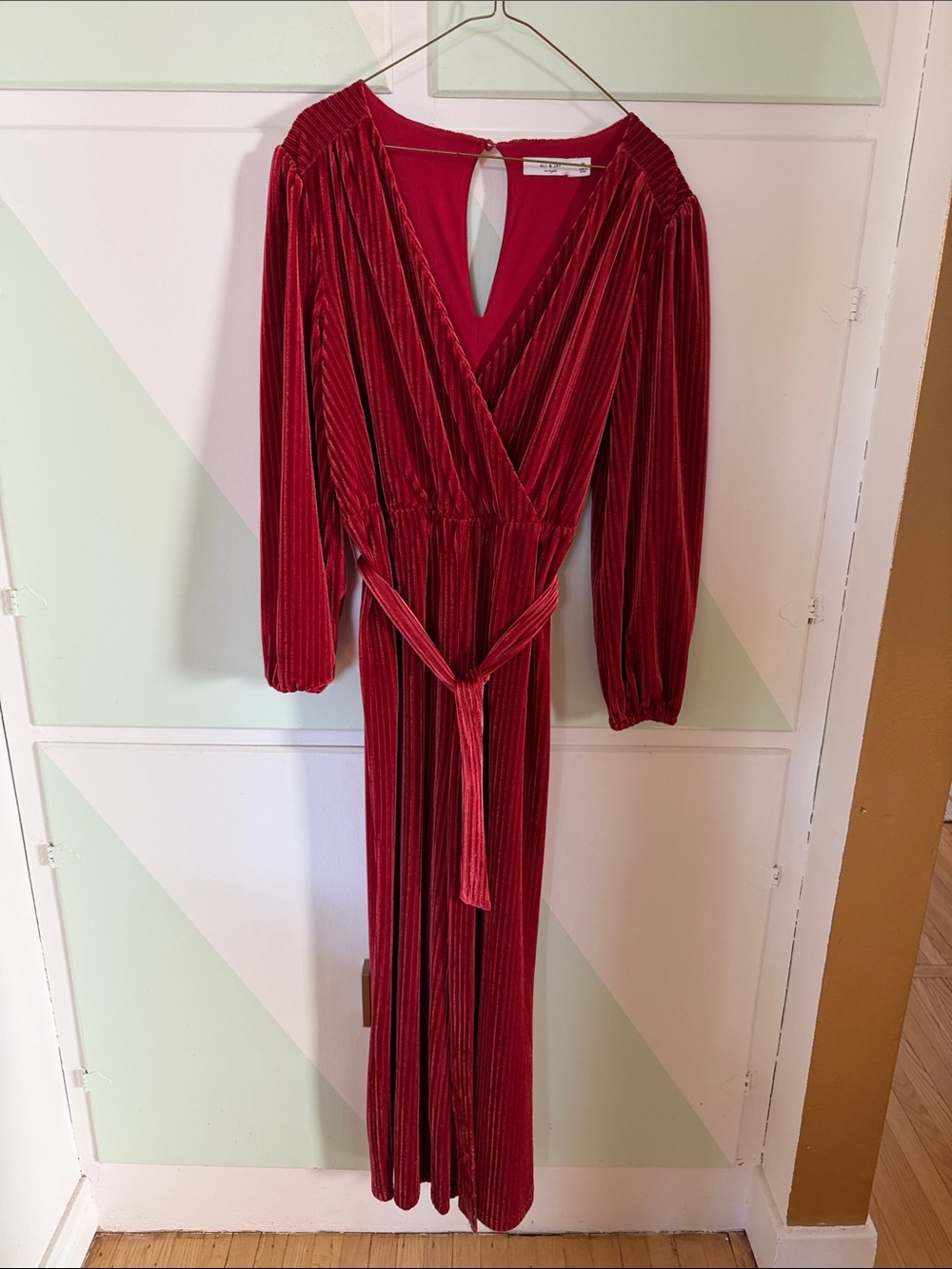 ALI & JAY Crimson Velvet Wrap Jumpsuit with Waist Tie